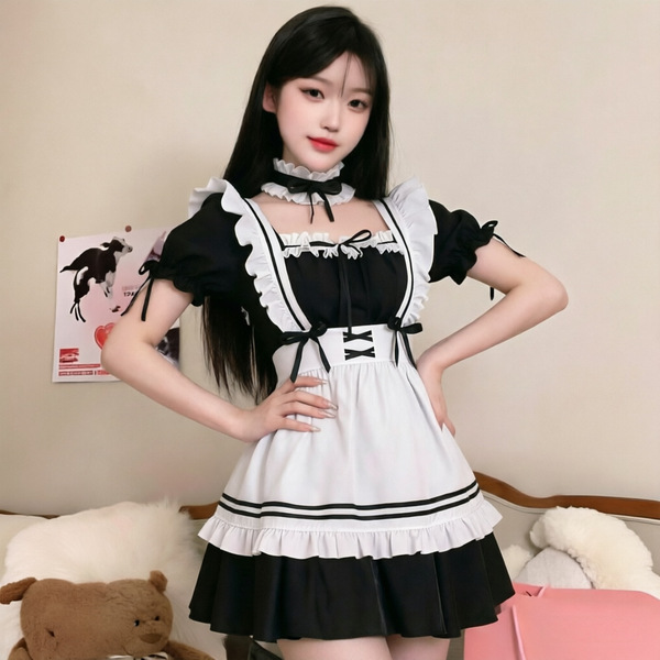 Yimenglan Maid Costume Dress - Japanese Kawaii Cosplay Lolita Outfit for Women, Plus Size Summer Sleepwear - Suit + Black Stockings