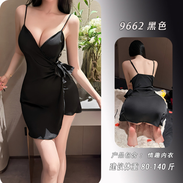 Feiniao Moon Gaze Sexy One-Piece Slip Dress - Deep V Plunge Ruched Lace Sleepwear for Women - black slip dress