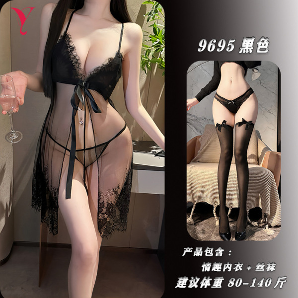 Night Silk Sensual Lace Sleepwear - Sheer Transparent Temptation Nightdress with Push-Up Design - Black slip dress + stockings