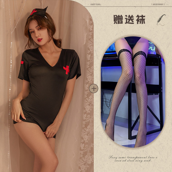 Sexy Nurse Costume Set - Backless Grid Lace Lingerie Outfit for Role Play & Adult Fun - Black suit + black fishnet stockings