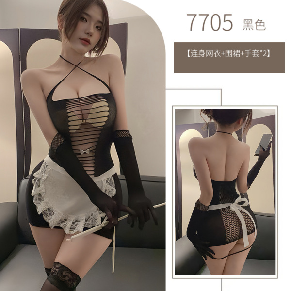 Sexy Maid Costume Set for Women - Sheer Mesh Lingerie Outfit, Plus Size Erotic Role Play Ensemble, No-Remove Temptation - Black suit (socks not included)