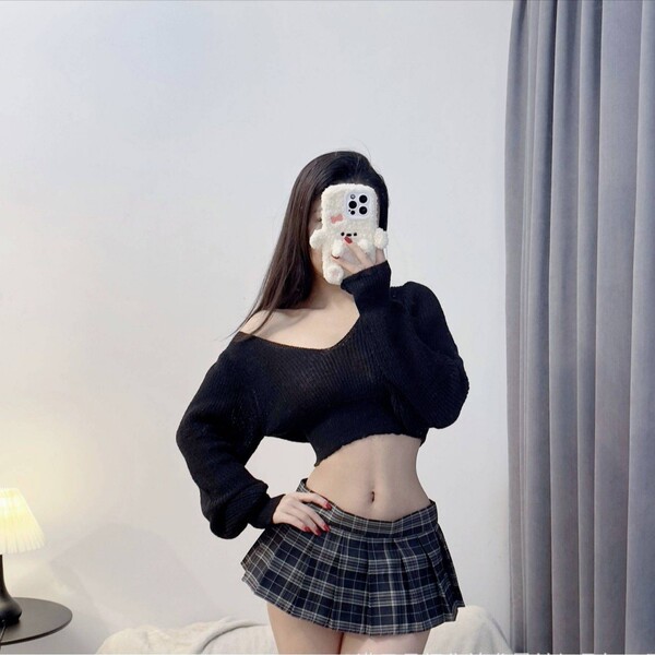 JK-Style Sweater Uniform Set - Cute Schoolgirl Transparent Seductive Lingerie Outfit for Women - Black sweater + blue plaid skirt