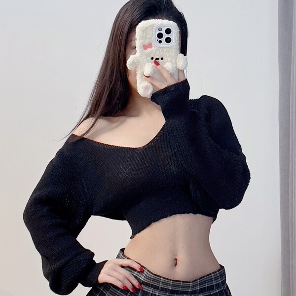 JK-Style Sweater Uniform Set - Cute Schoolgirl Transparent Seductive Lingerie Outfit for Women - Black sweater alone