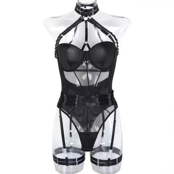 Plus Size Sexy Lingerie Set - Revealing Busty Role Play Outfit, No-Remove Outdoor Thong Bra Ensemble - Black Temptation Suit (Outerwear Not Included)