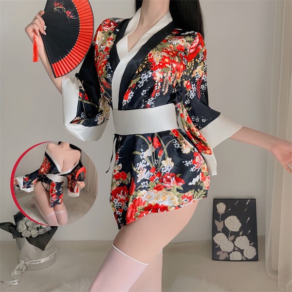 Pure & Tempting Japanese Kimono Lingerie Set - Sexy Yukata-Inspired Costume Outfit for Role Play - black kimono
