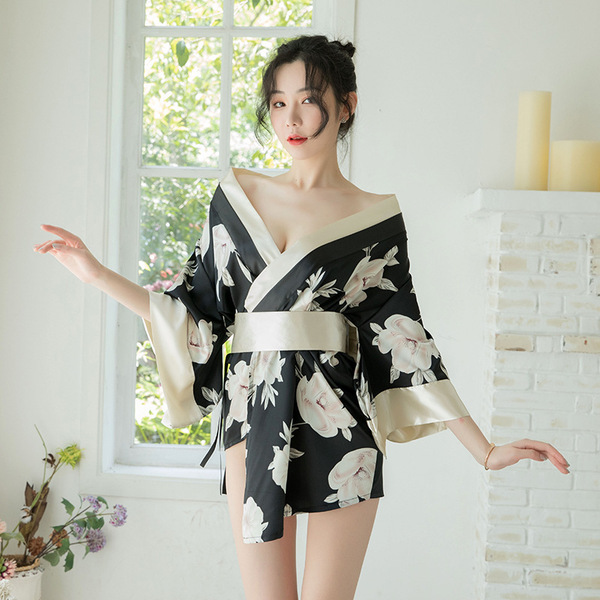 YeYu Sexy Lingerie for Women – Deep V Tie-Waist Corset with Floral Chiffon Kimono Costume for Role Play - Black kimono + obi (sash) + underwear + tutu + stockings