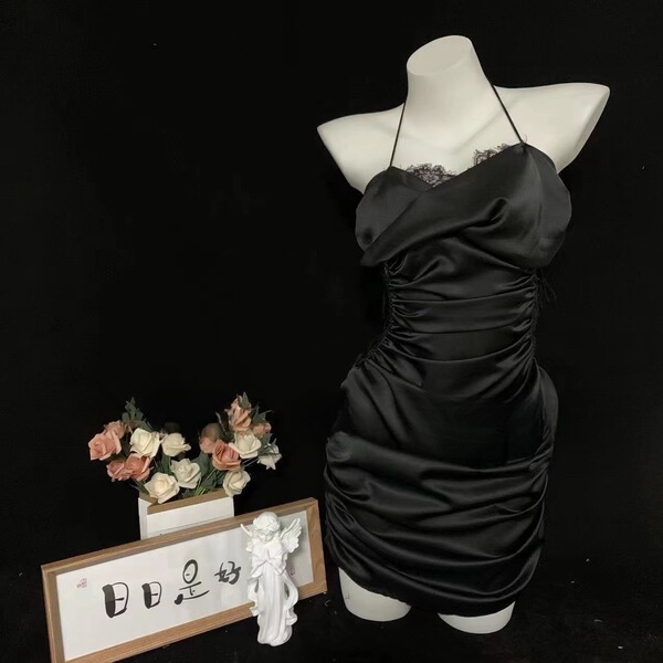 Sensual Lace Sleep Dress with Drawstring Waist – Sexy Slim-Fit Bedroom Lingerie Set, Uniform-Inspired Nightwear - Black + T-shirt