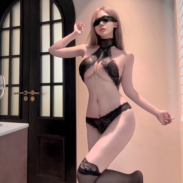 Pure Temptation Lace Bodysuit - Sensual Tight-Fit Bondage-Inspired Erotic Lingerie with Sheer Cutouts - Black [excluding socks and eye mask]