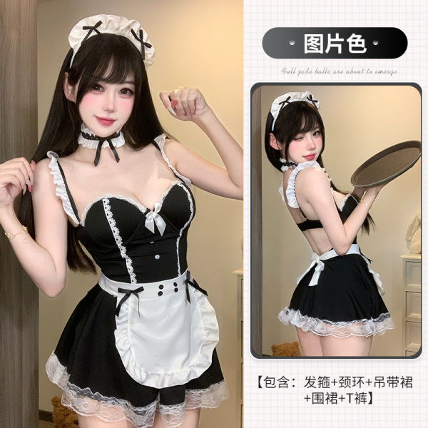 Soul Bond Sexy Nightgown - Lace Maid Outfit with Built-in Pads, Pure Temptation Sleepwear for Women - Black suit (with bra pads, apron, choker, and headband) + black lace knee-high stockings (3005)
