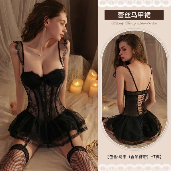 Manyan Sexy Lace Bodysuit Set with Underwire, Corset Waist Trainer & Sheer Sleep Dress - Black [Vest + Garterbelt + T-shirt]