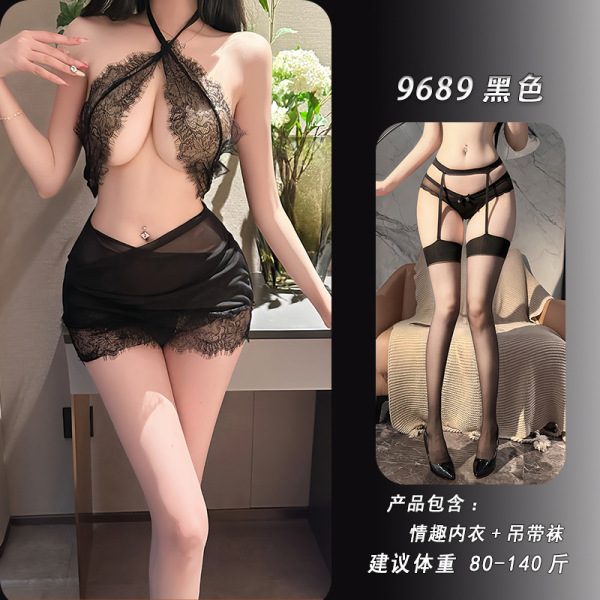 Night Silk Sensual Lace Bodycon Mini Dress - Sheer Mesh Pure Temptation Slip Dress - Black + matching suspender stockings