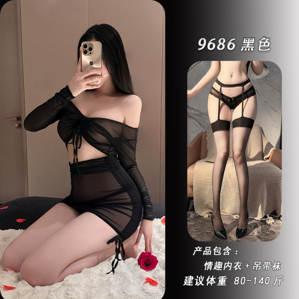Night Silk Sensual Sheer Bodycon Dress - Sexy Lingerie Set with Seductive Nightwear Style - Black + matching suspender stockings