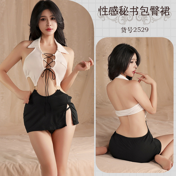 Night Breeze Seductive Secretary Outfit - Bodycon Role Play Costume Set for Women - 2529 Black and white + black stockings