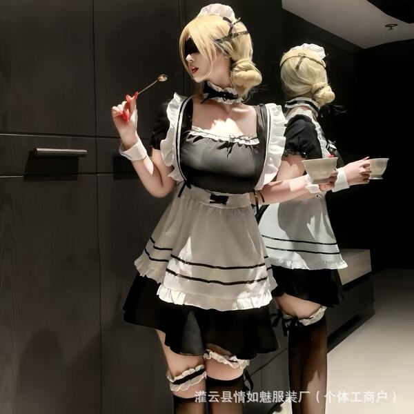Soft Anime Lolita Maid Outfit - Cross-Border Exclusive Cosplay Lingerie Set by Qing Rumai - Black and white + white pufferfish stockings