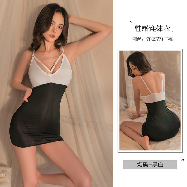 Sexy Lace Bodysuit with Ties - Sheer Mesh Erotic Sleepwear for Women, Provocative Boudoir Outfit - Black and white jumpsuit + T-shirt