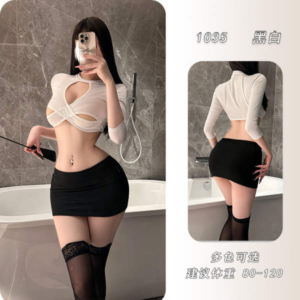YeYu Seductive Long-Sleeve Secretarial Lingerie Set - Pure & Tempting Bodycon Mini Skirt for Women - Black and white