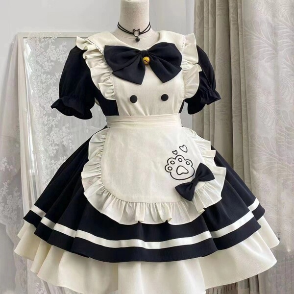 Maid Costume Cosplay Dress - Cute Student Lolita Outfit for Women, Plus Size Anime Dress with Petticoat Set - Black and white opaque (comes with an apron and bow)