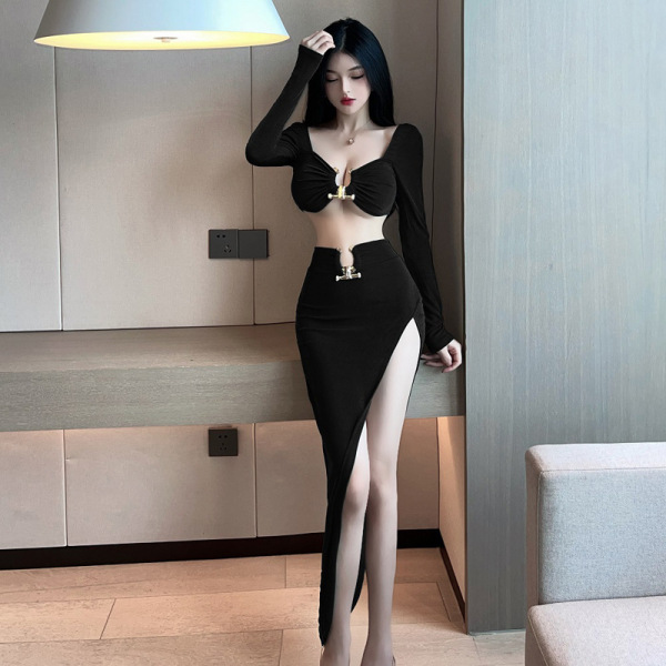 Liaru Sexy Lace Bodysuit with Long Sleeves & High Slit - Provocative Sheer Mesh Bodycon Dress for Women - Black and white open-crotch socks