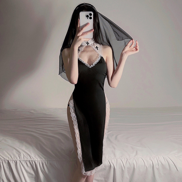 Nun Costume Lingerie Set - Sexy Catholic Role Play Outfit with Sheer Mesh Skirt & Detachable Cross Accessory - Black and white outfit + [black stockings]