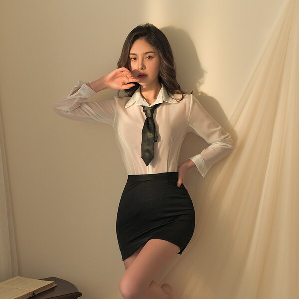 Seductive Secretary Costume Set - Sexy Lace Lingerie Outfit with Deep V-Neck & High-Waisted Pencil Skirt, Plus Size Frie - White + Black [Tie + Shirt + Pencil Skirt + T-shirt]