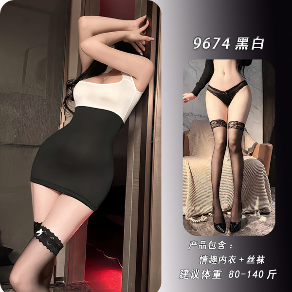 Night-Silk Seductive Secretary Outfit - Sexy Lingerie Set & Pure-Desire Sleepwear, No-Remove Design - Black and white + matching stockings