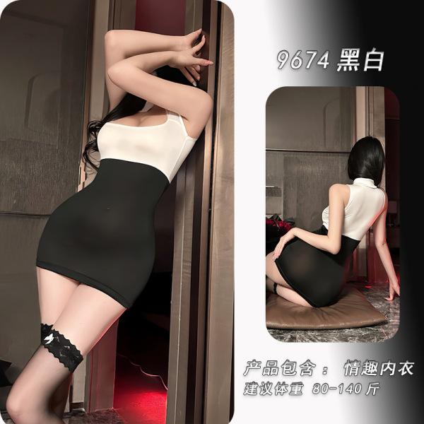 Night-Silk Seductive Secretary Outfit - Sexy Lingerie Set & Pure-Desire Sleepwear, No-Remove Design - Black and white bodycon skirt + matching stockings