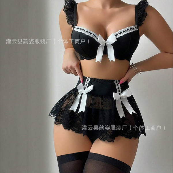 Pure & Spicy Women's Summer Lingerie Set – Sexy Bow Bikini Sleepwear Outfit for Adults - White + Black (with stockings)