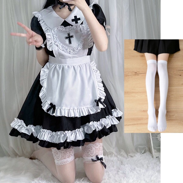 S5XL Japanese Maid Dress - Cute Anime Cosplay Costume for Women, Classic Short-Sleeve Maid Outfit - Black + white socks