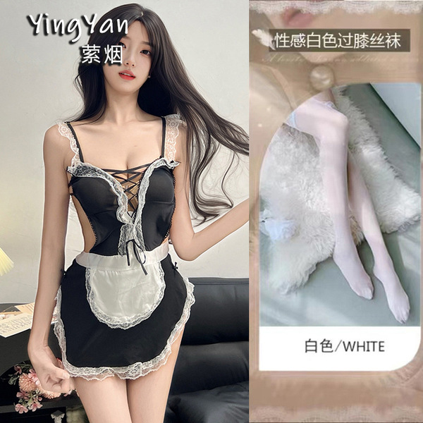 Yingyan Seductive Lace Lingerie Set - Maid Costume with Adjustable Straps, Pure Temptation Role Play Outfit - 0945 Black + White Stockings