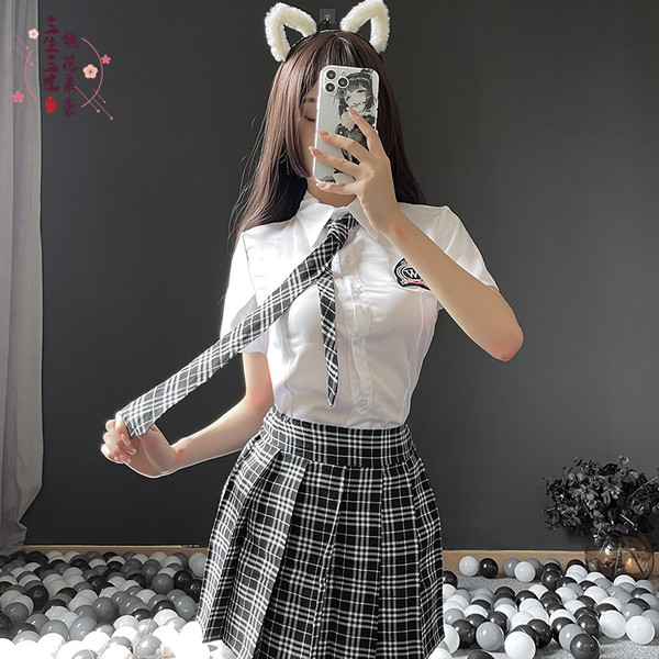 Sexy Plaid Student Uniform Set - Seductive JK Style Pleated Skirt with Open-Crotch Design, Pure & Tempting Outfit - Haig students
