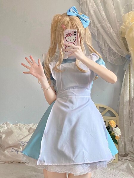 Adult Women's Cosplay Maid Dress - Cute Student Party Costume & Lolita Style Performance Dress - Blue Alice three-piece set (dress + apron + headpiece included)