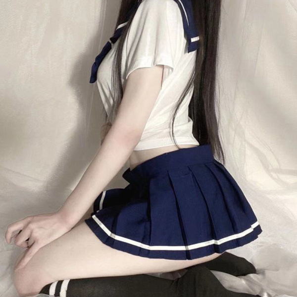Sexy Sailor Outfit Lingerie Set - Cute Pure & Tempting Schoolgirl JK Uniform for Small Busts, Sheer Soft Kawaii Costume - Blue socks with black background and white stripes