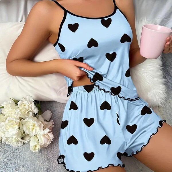 Pure & Alluring Women's Lingerie Set - Sexy Sleepwear Set for Women, QQNY Style Bedroom Outfit - Blue and black big heart