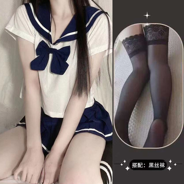 Sexy Student-Style Lingerie Set - Cute JK Uniform Short Skirt Outfit for Women - Blue + black stockings