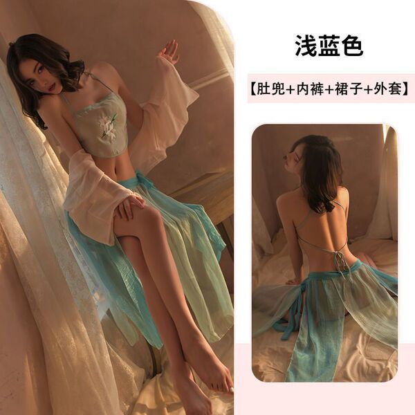 Seductive Hanfu-Inspired Lingerie Set - Sheer Transparent Babydoll Bodysuit with Embroidered Bustier & Matching Thong - Light blue [bellyband + skirt + underwear + jacket]