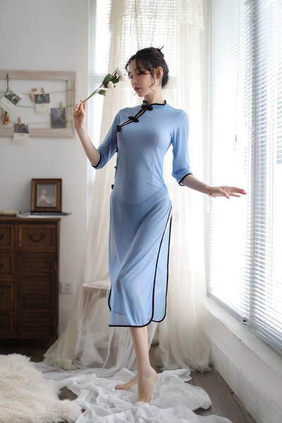 Mannyqing Seductive Sheer Cheongsam Sleep Dress - Sexy Side-Slit Lingerie Nightgown for Women - Blue long dress cheongsam