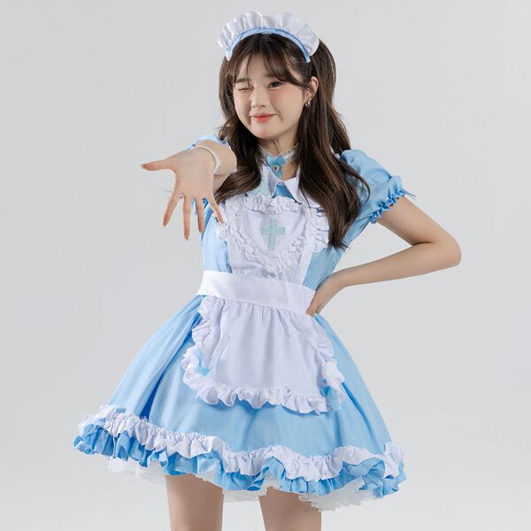 S5XL Japanese Maid Dress - Cute Anime Cosplay Costume for Women, Classic Short-Sleeve Maid Outfit - Royal blue [skirt + apron + necklace + bracelet + leggings + headpiece]
