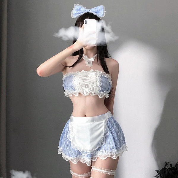 Sexy Maid Costume for Women – Seductive Role Play Lingerie Set with Lace Skirt & Bar Outfit - Blue + feather stick + fishnet stockings