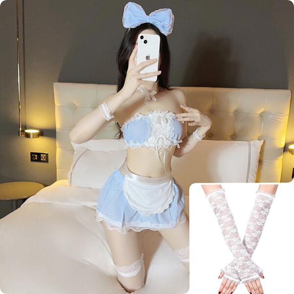 Cute Maid Costume Lingerie Set - Sexy Cosplay Sleepwear for Small Bust, Schoolgirl & Housemaid Fantasy Outfit - Blue suit + flirtatious arm warmers