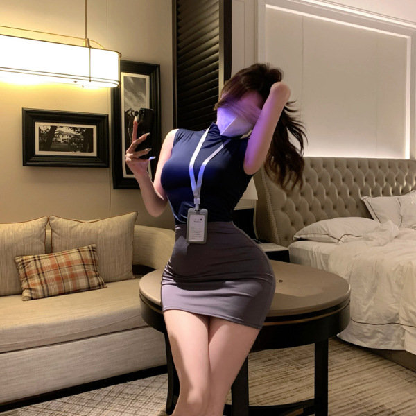Pure & Seductive Lingerie Set - Modest Yet Sexy Secretary Cosplay Sleepwear with Pencil Skirt - Blue-gray top + skirt + name tag + black open-crotch socks
