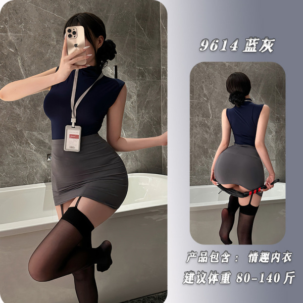 NightSigh NightSilk Seductive OL Secretary Outfit - Busty Curvy Bodycon Skirt Set for Cosplay & Date Nights - Blue-gray + stockings
