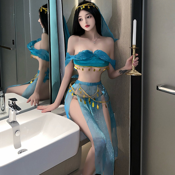 Sensual Hanfu Lingerie Set - Plus Size Ancient Chinese Style Busty Bodice & Matching Ensemble, Pure Temptation Court-Ins - Blue-green [veil + strapless top + paneled tie skirt + thong]