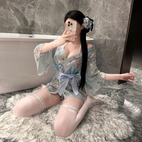 NightSiYeSe Sexy Lace Bunny Ear Lingerie Set - Cute Kawaii Japanese-Inspired 3-Piece Costume Outfit - Blue kimono + matching lace stockings