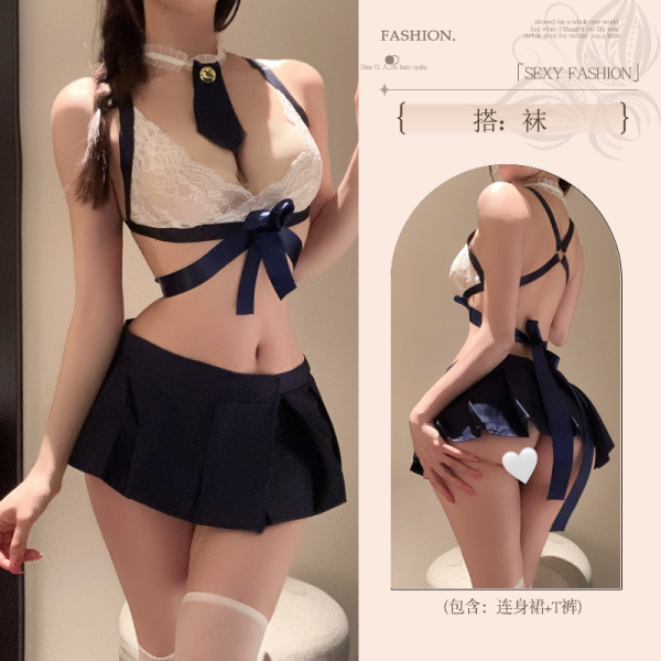 Pure & Playful Lingerie Set - Seductive JK-Style Skirt Outfit for Women, Sexy Student-Themed Sexy Wear - Blue top + JK skirt + white open-crotch socks