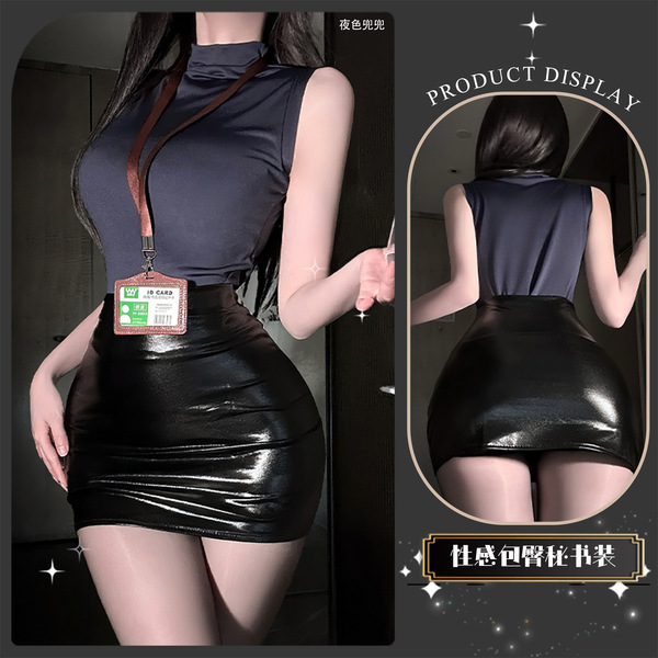 Golden Night Sexy Lingerie Set - Pure & Tempting Secretary Skirt Air Hostess Costume Nightclub No-Remove Outfit - Blue [leather skirt version] + black stockings