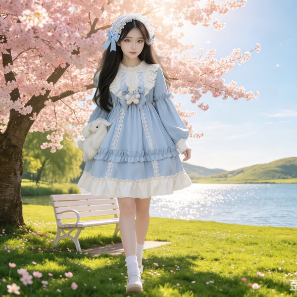 Maid Dress Cosplay Costume - Sweet Lolita Servant Dress for Women, Plus Size Cute Maid Outfit for Daily Wear & School - Blue long-sleeved Lolita dress + free teddy bear bow