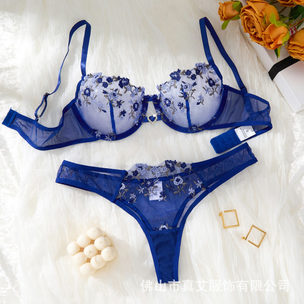 Sexy Lace Floral Embroidery Lingerie Set - Sheer Pure Temptation Bra & Panty Set for Women - blue