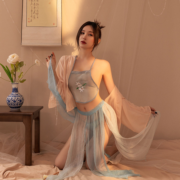 Chinese Traditional Embroidery Lingerie Set - Sheer Hanfu-Inspired Sleepwear & Seductive Bodice Outfit - Light blue [outer robe - skirt - bodice - thong] + white stockings