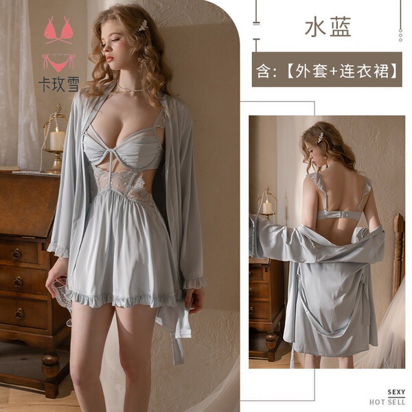 Kameixue Sexy Lace Lingerie Set with Underwire – Sheer, Seductive Adult Pure-Desire Outfit for Women - Light blue (coat + dress)