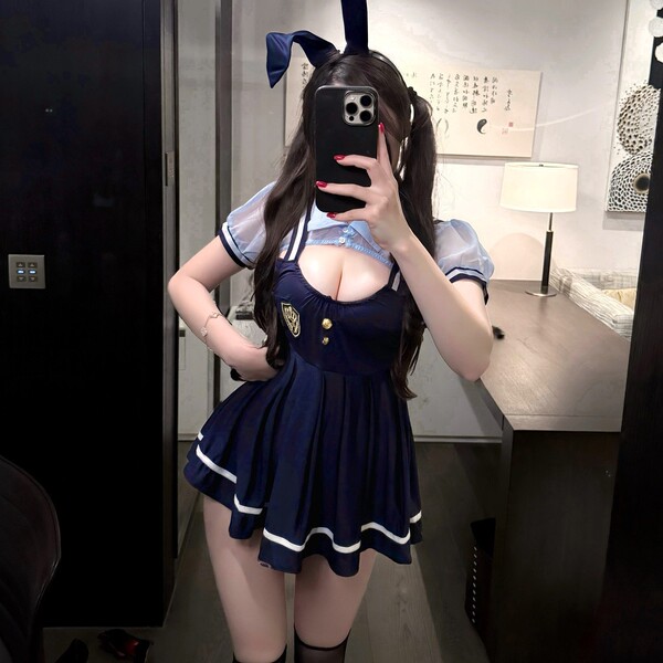 JK Uniform Bunny Girl Lingerie Set - Student Role Play Sleepwear with Suspender Skirt - Blue [Bunny ears + top + suspender skirt + T-shirt]
